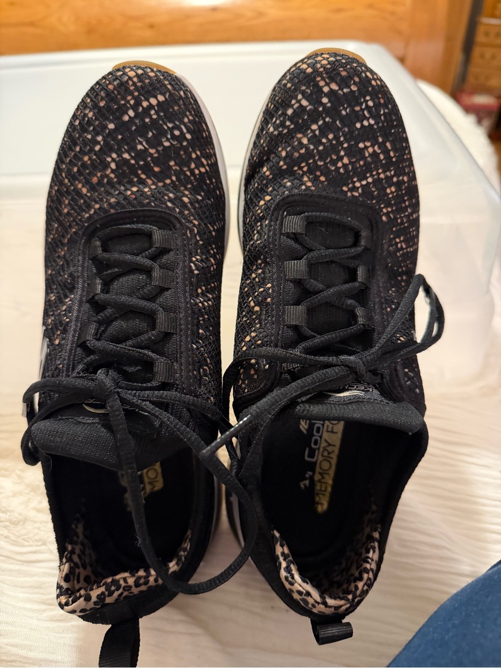 Women’s Black Knit Lace-Up Sneakers with Leopard Trim